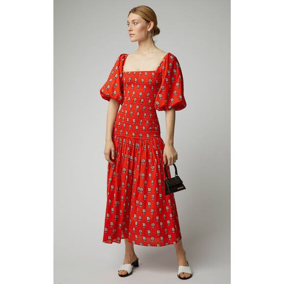 Rhode Resort Red Harper Daisy Smocked Off Shoulder Puff Maxi Dress Size Small - Picture 1 of 6